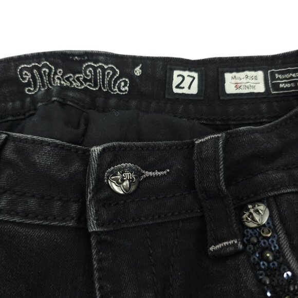 Miss Me Jeans Mid Rise Skinny Black Size 27 Stretch Studs Rhinestones Sequins - Picture 3 of 16
